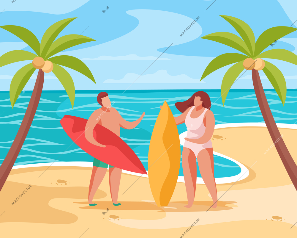 Summer party concept composition with tropical scenery images of palms on beach with people and surfboards vector illustration