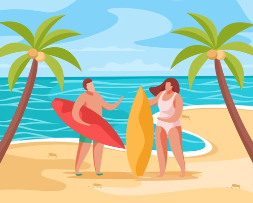 Summer party concept composition with tropical scenery images of palms on beach with people and surfboards vector illustration