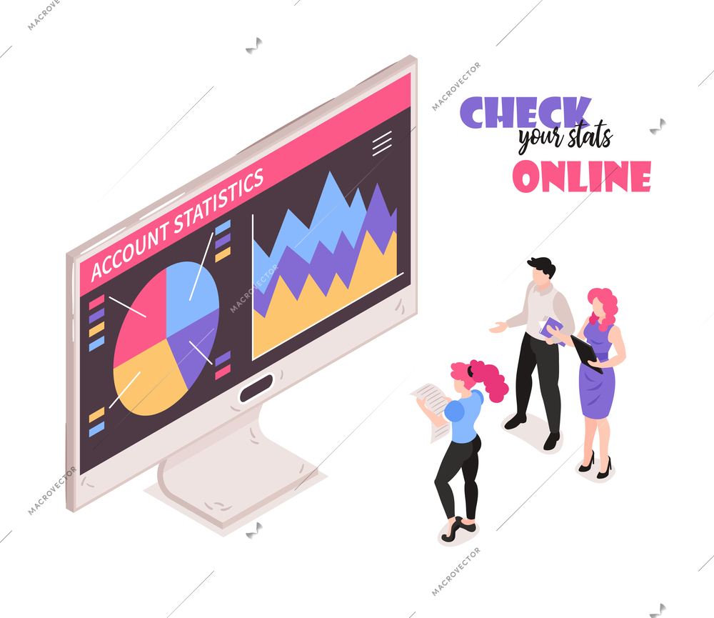 Online personal banking service isometric composition with colorful account statistics display and clients checking balance isometric composition