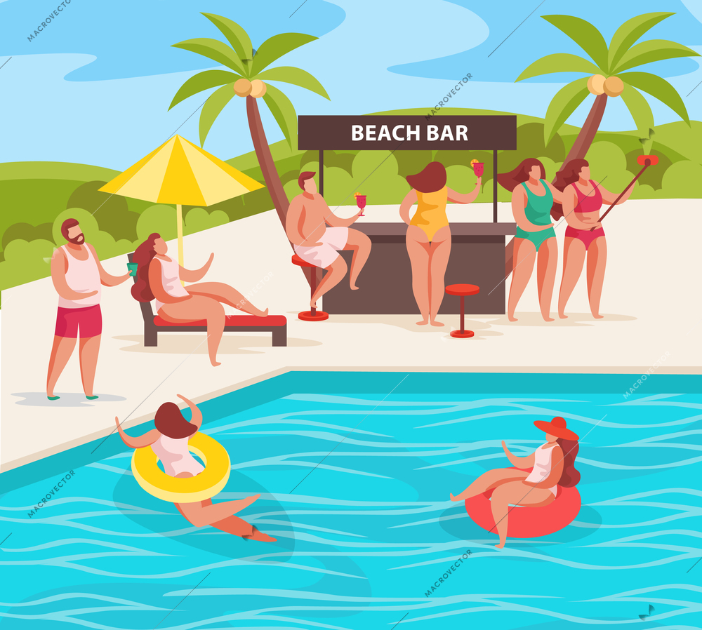 Summer party concept composition with outdoor landscape human characters of relaxing people beach bar and pool vector illustration