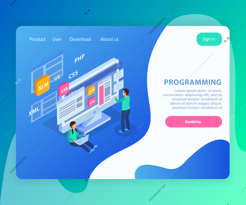 Web development isometric concept landing page with clickable text links buttons and conceptual composition of images vector illustration