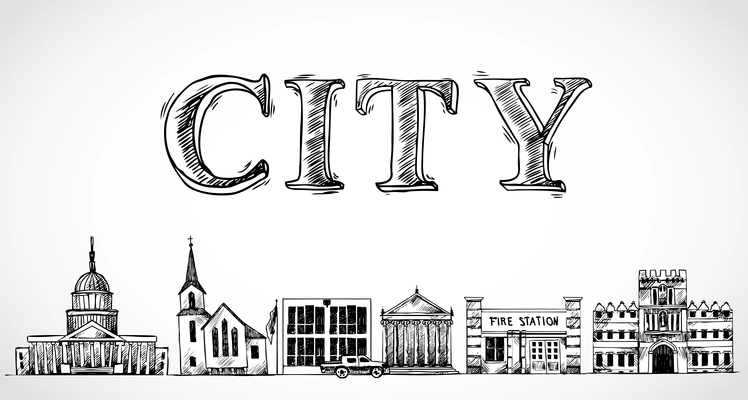 City town background with government church university museum doodle buildings in row vector illustration