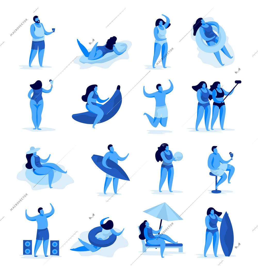 Set of isolated summer party concept images with human characters and beach activities on blank background vector illustration