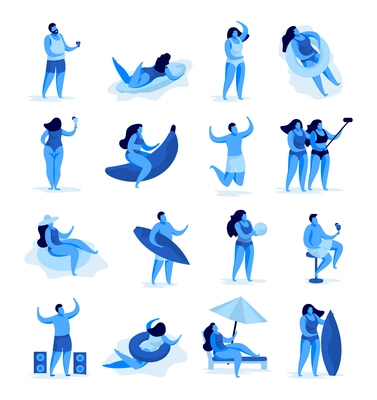 Set of isolated summer party concept images with human characters and beach activities on blank background vector illustration