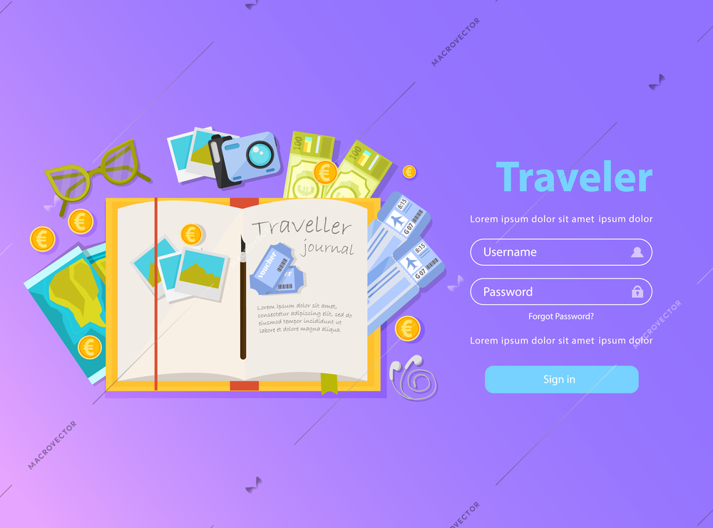 Flat concept background with doodle style images of travelers personal things text and sign in button vector illustration