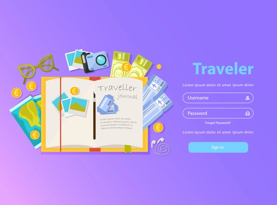 Flat concept background with doodle style images of travelers personal things text and sign in button vector illustration