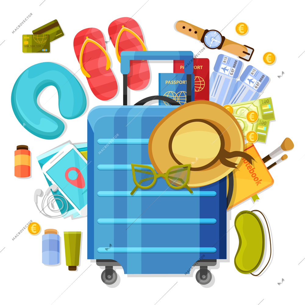 Suitcase composition of flat images with tourists clothes accessories flight tickets and cosmetics on blank background vector illustration