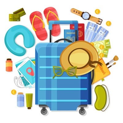 Suitcase composition of flat images with tourists clothes accessories flight tickets and cosmetics on blank background vector illustration