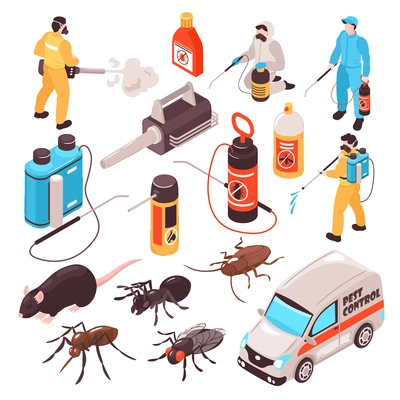 Pest control disinfection service isometric icons set with ant rat cockroach  professional exterminators team equipment vector illustration