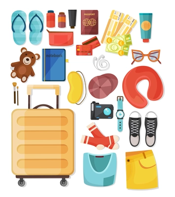 Suitcase composition with set of isolated doodle images with personal things clothes and accessories of tourist vector illustration