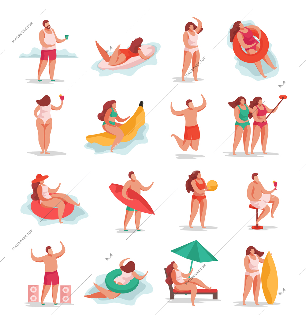 Summer party flat icons collection of isolated colourful items and human characters during seasonal vacation activities vector illustration