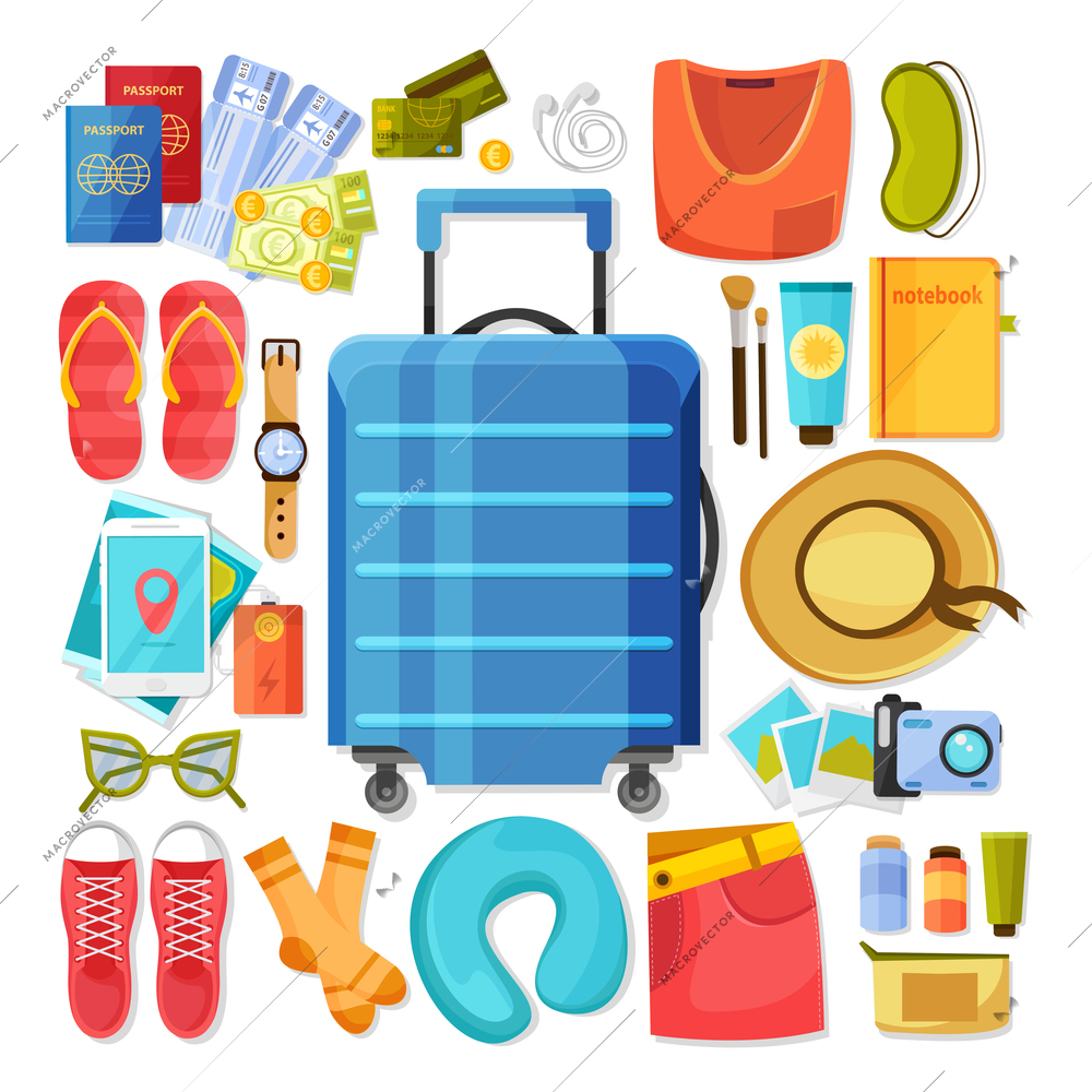 Suitcase and contents flat icons composition of isolated images with personal belongings of summer vacation traveller vector illustration