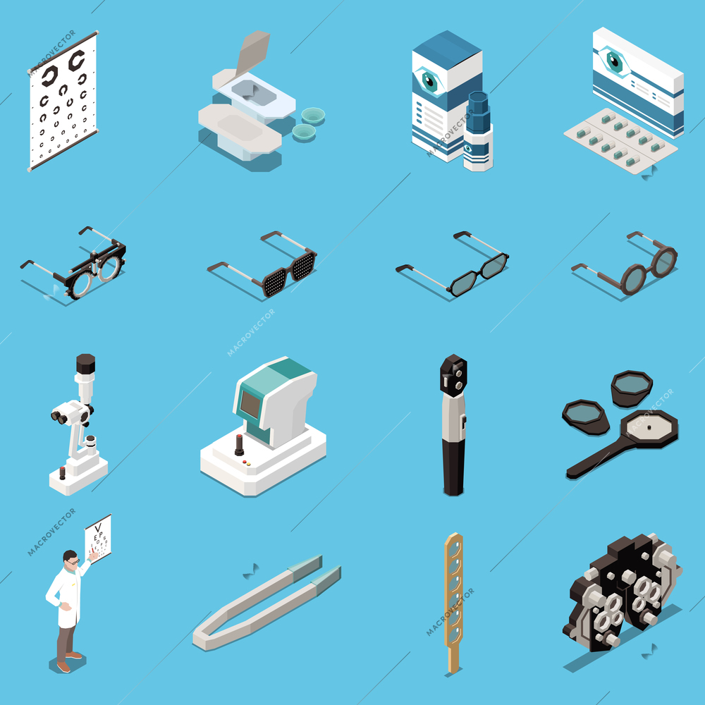 Ophthalmology medical equipment isometric icons set with glasses contact lenses examination instruments 3d isolated vector illustration