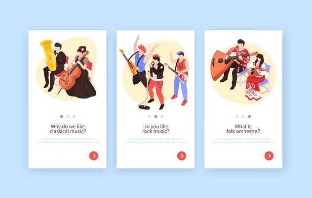 Musicians 3 isometric vertical banners set with classical music performance rock band and folk orchestra vector illustration