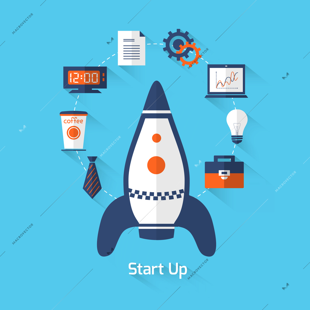 Start up on blue background concept with rocket glass bulb computer office icon vector illustration
