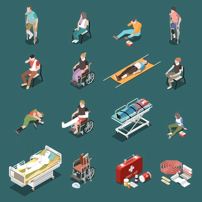 Isometric icons set with injured male and female people and first aid kit 3d isolated vector illustration