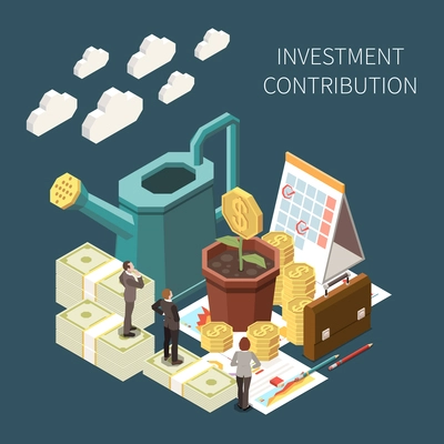 Investment contribution and growth isometric concept with money and business people 3d vector illustration