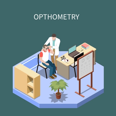 Ophthalmology isometric composition with optometrist checking eyes of male patient 3d vector illustration
