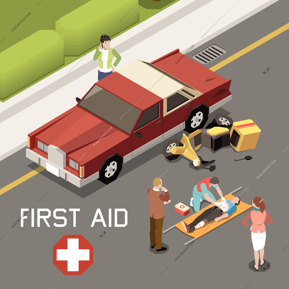 People giving first aid to man injured in result of car accident 3d isometric vector illustration