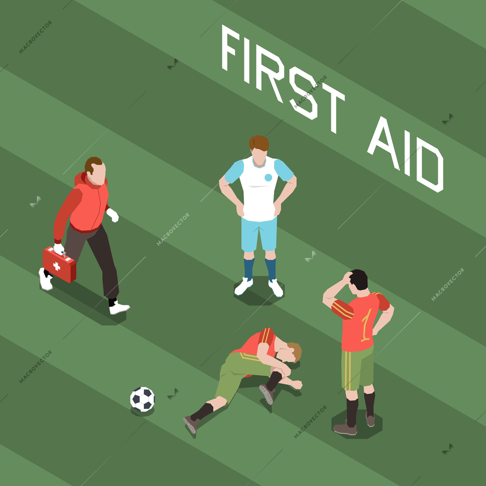 Doctor running to give first aid to injured footballer 3d isometric vector illustration