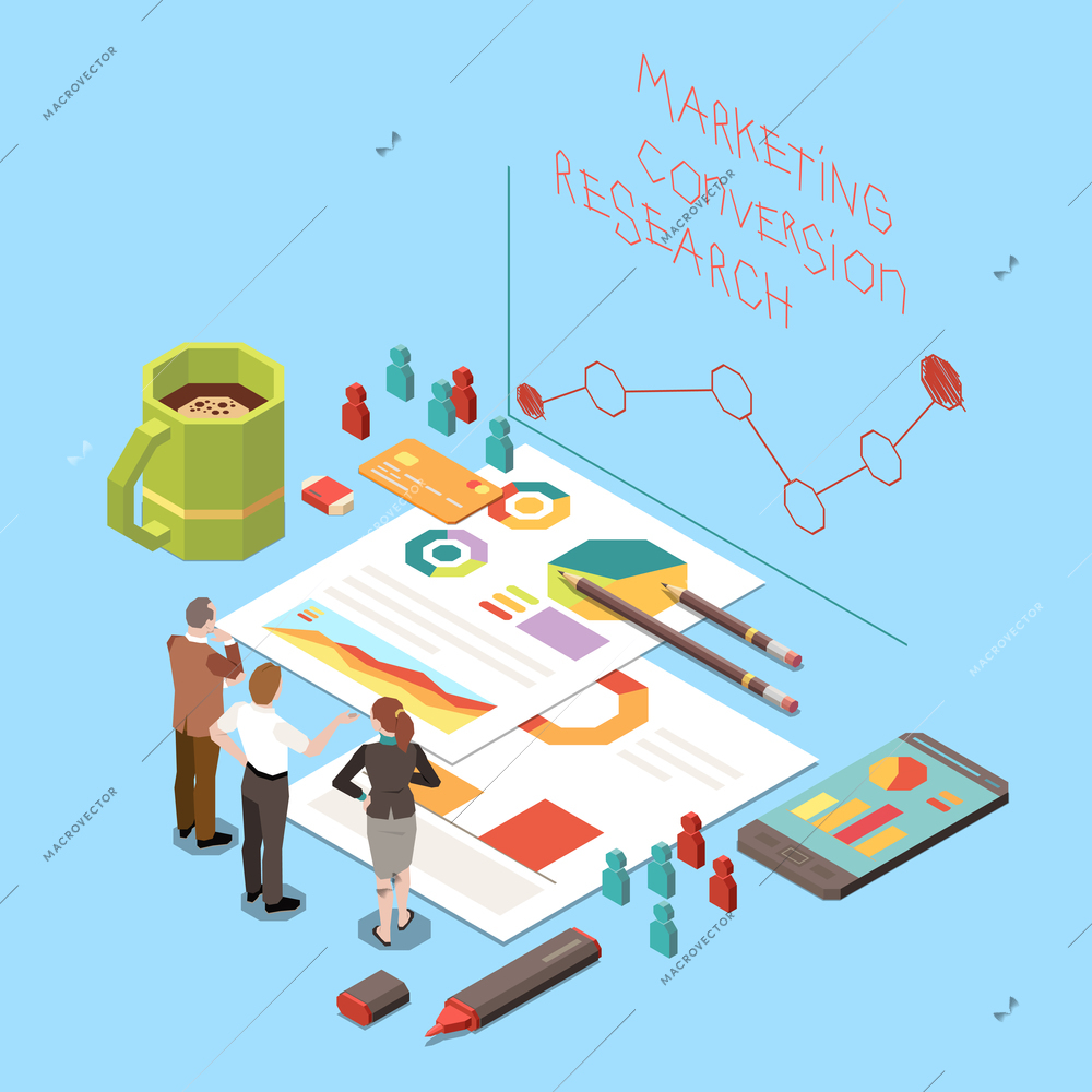 Isometric concept with business people discussing conversion rate optimization strategy and marketing research 3d vector illustration