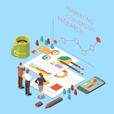 Isometric concept with business people discussing conversion rate optimization strategy and marketing research 3d vector illustration