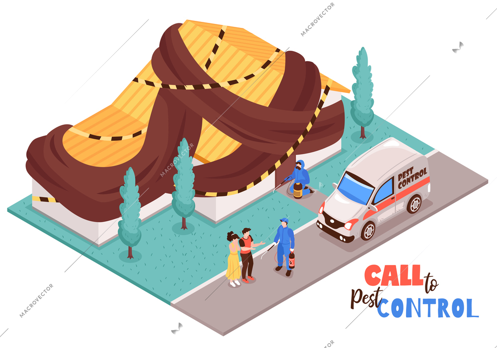 Pest control house disinfection service isomeric composition with professional team equipment van arrival tenants outdoor  vector illustration