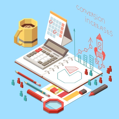 Conversion rate optimization isometric concept with stationery and planner with diagram on work place 3d vector illustration