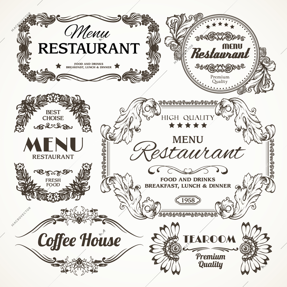 Elegant floral calligraphy retro style decoration restaurant menu labels set isolated vector illustration