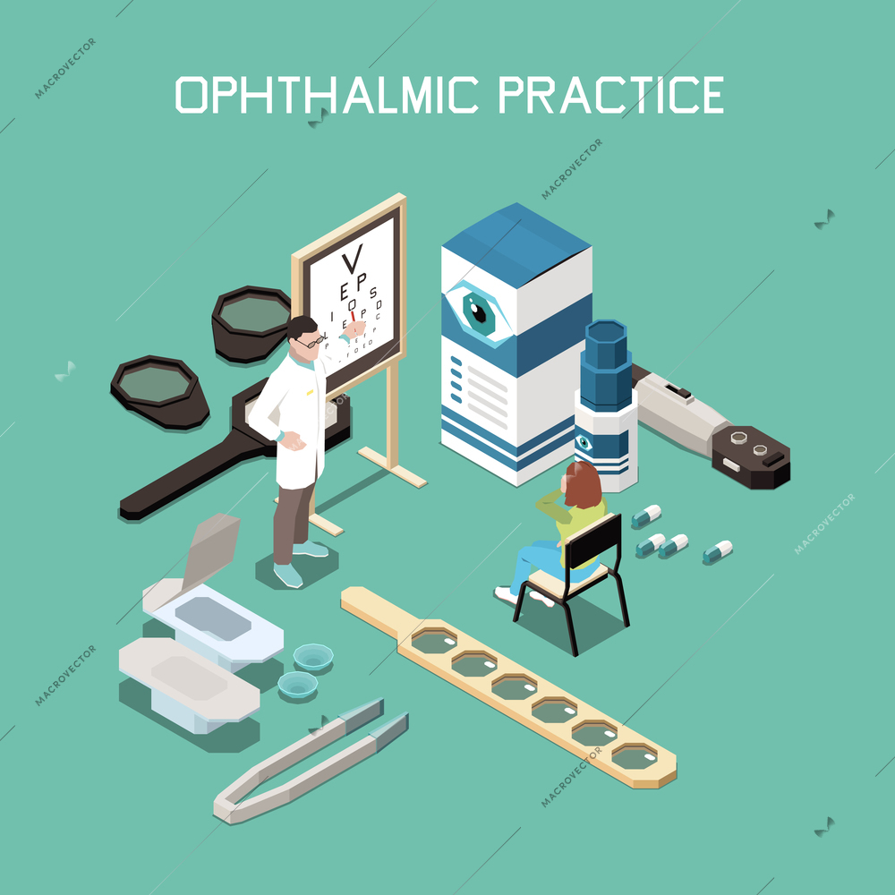 Ophthalmology instruments and medicine isometric composition with optometrist and patient 3d vector illustration