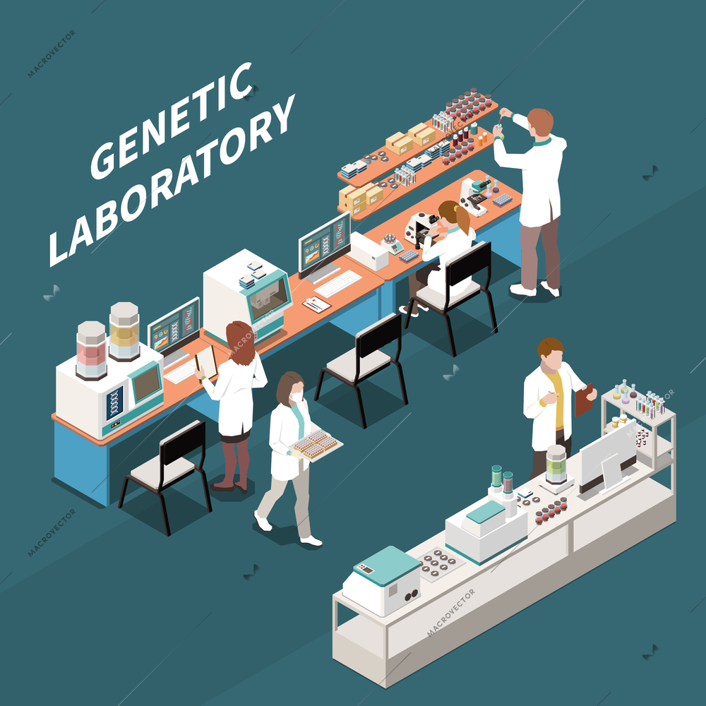 Group of scientists working in genetic laboratory 3d isometric vector illustration