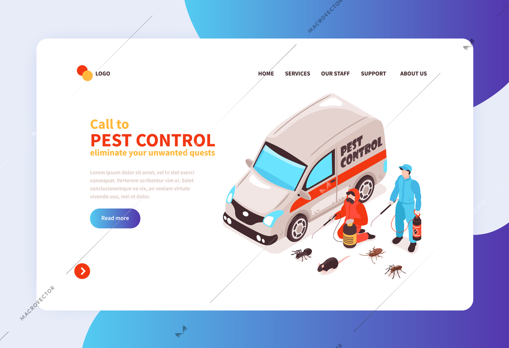 Pest control house hygiene disinfection service online concept isometric home page  banner with specialists arrival vector illustration