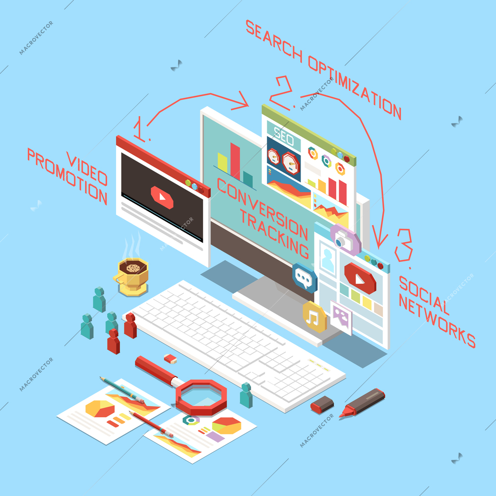 Isometric concept with conversion rate optimization stages 3d vector illustration