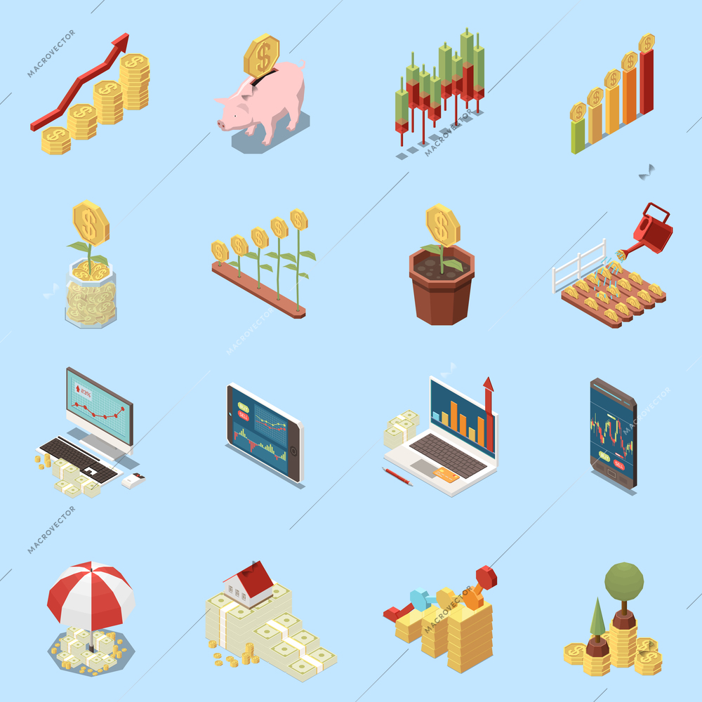 Online trading colorful isometric icons set with money and electronic devices isolated on blue background 3d vector illustration