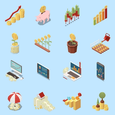 Online trading colorful isometric icons set with money and electronic devices isolated on blue background 3d vector illustration