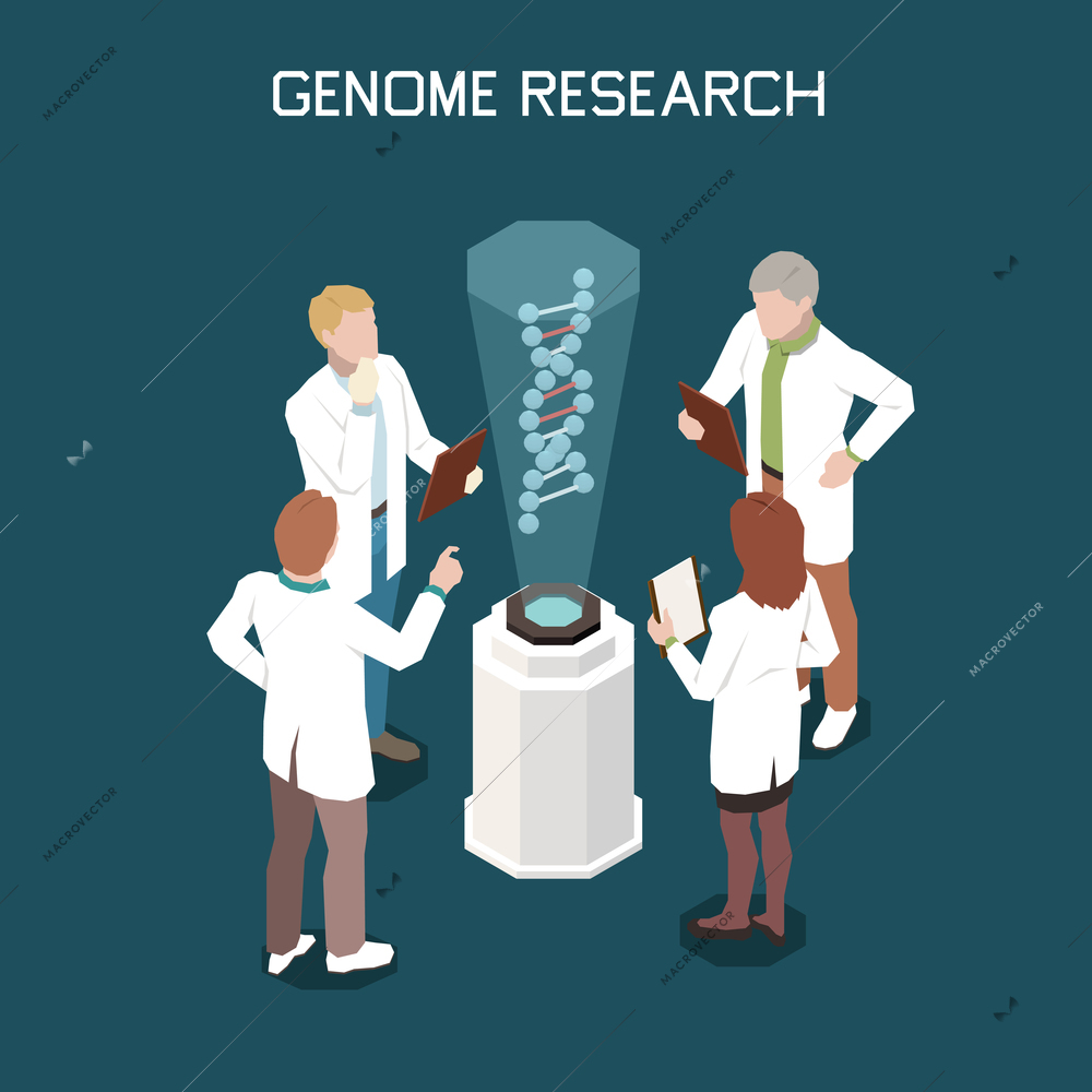 Genetics isometric concept with four scientists researching genome 3d vector illustration