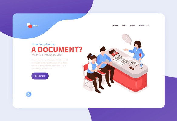 Licensed legal notary services online concept isometric website banner with notarizing document live video call vector illustration