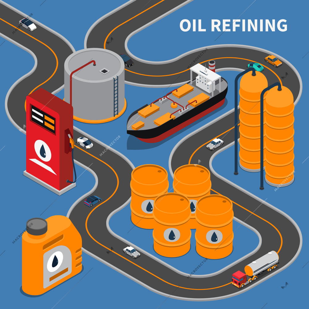 Oil and gas industry isometric composition with refining equipment and transportation means 3d vector illustration