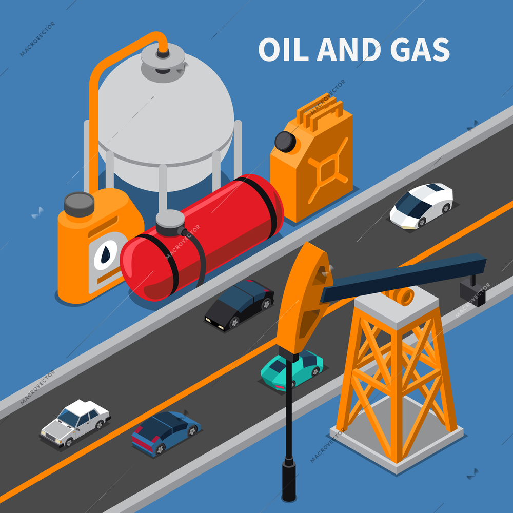 Oil and gas industry isometric composition with rig canister cars 3d vector illustration