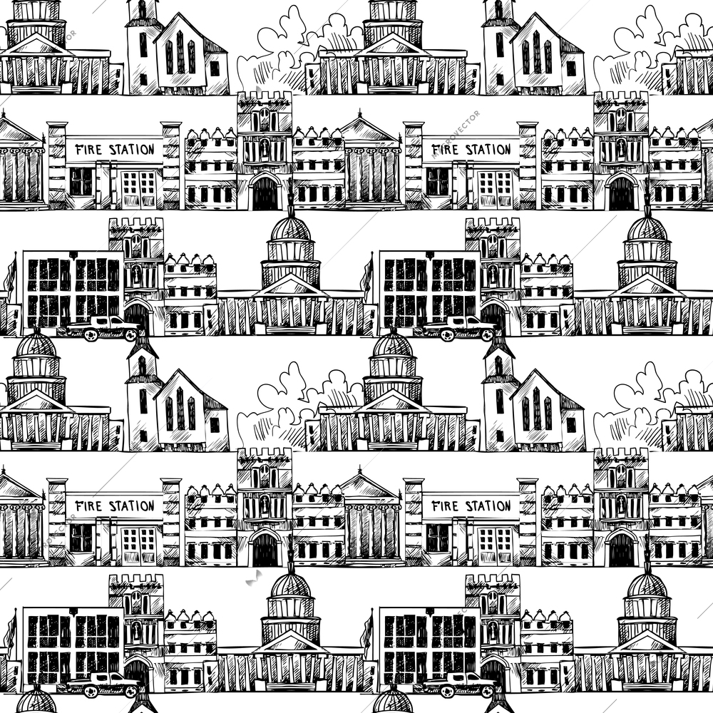 Seamless background with government buildings church museum university in line vector illustration