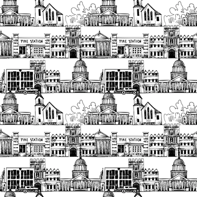 Seamless background with government buildings church museum university in line vector illustration