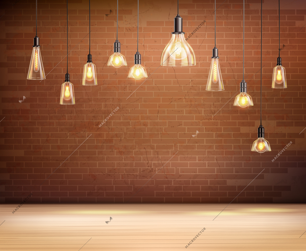 Ceiling light bulbs in empty room with brown brick wall realistic background vector illustration