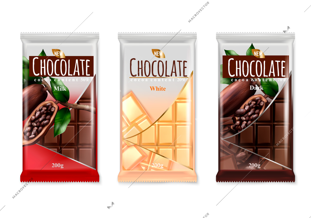 Chocolate advertising realistic set of milk white dark delicious luxury brand bars packaging design isolated vector illustration