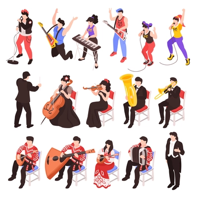Musicians playing musical instruments isometric characters set with rock band  cellist trumpet classical jazz ensemble vector illustration