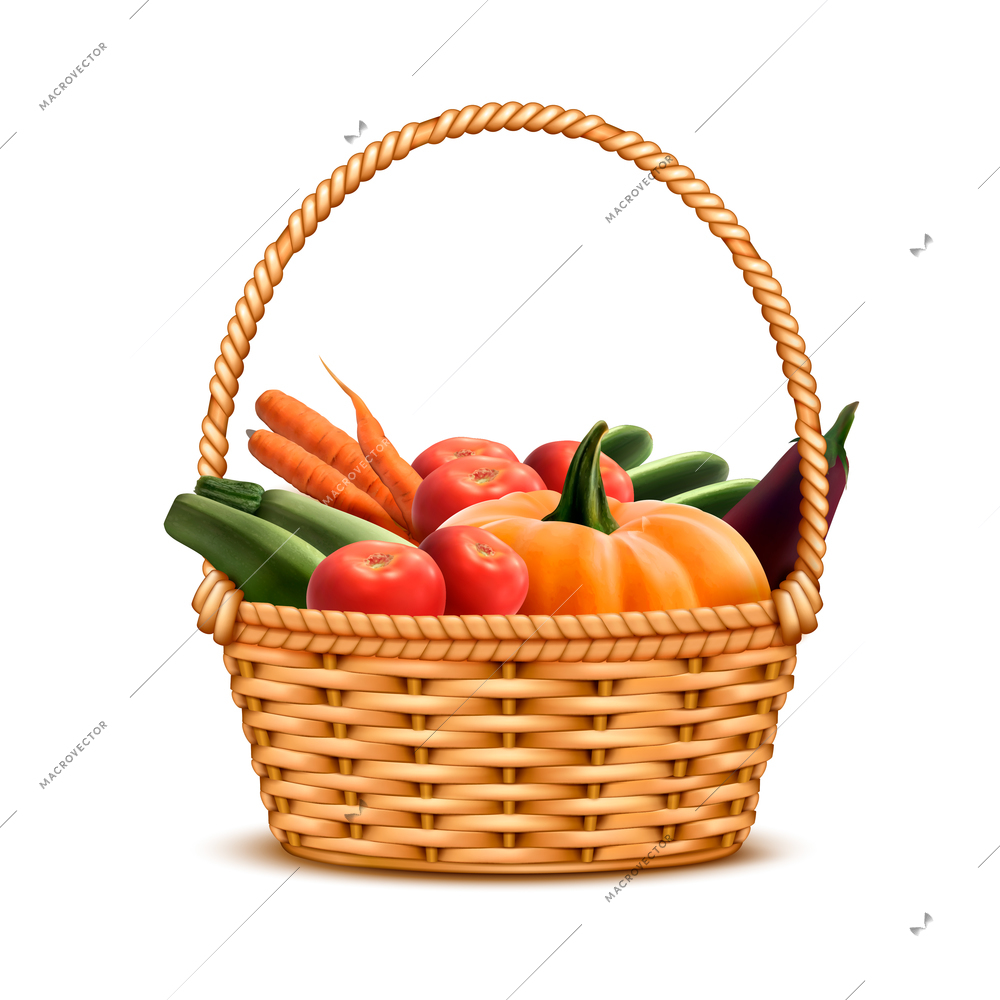 Willow wicker basket one handle full with fresh farmer market harvest vegetables closeup realistic image vector illustration