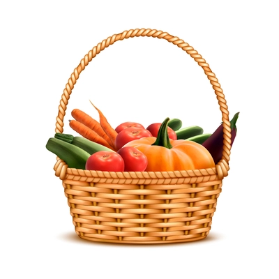 Willow wicker basket one handle full with fresh farmer market harvest vegetables closeup realistic image vector illustration