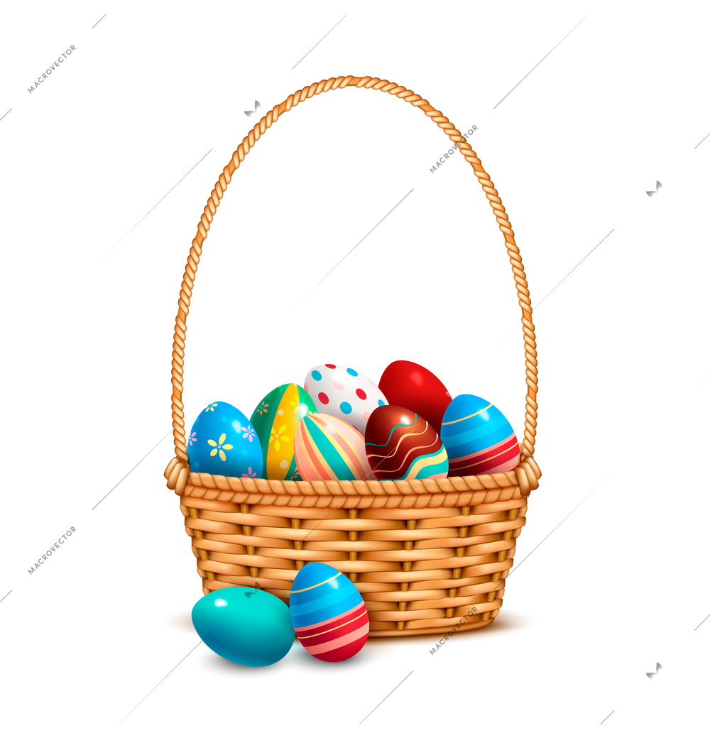 Willow wicker basket one handle full with painted colorful easter eggs closeup realistic isolated image vector illustration