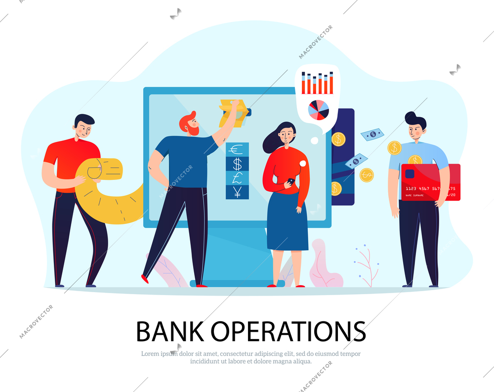 Online banking operations flat composition with people paying bills and managing their finance vector illustration