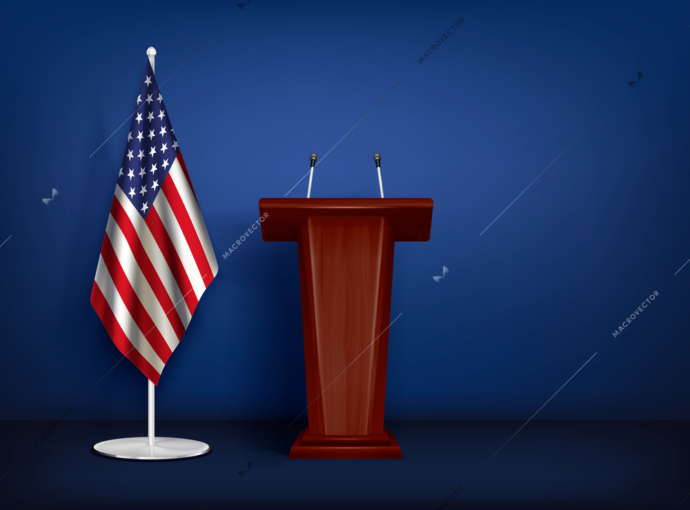 Wooden tribune rostrum with 2 microphones and american flag on stand realistic closeup composition isolated vector illustration