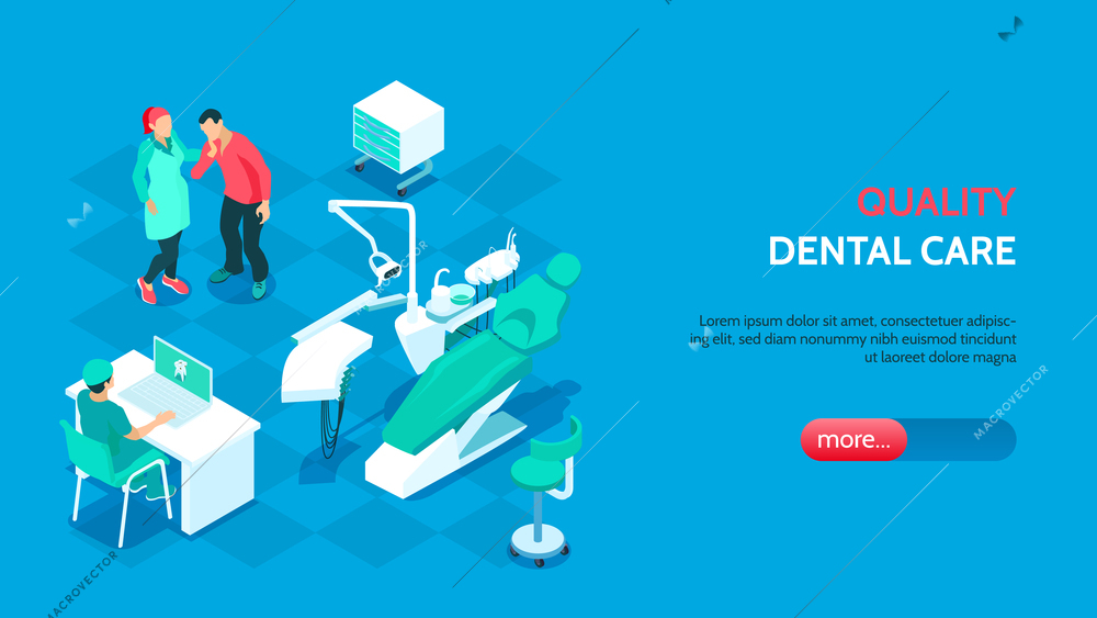 Quality dentistry horizontal banner with modern dental  equipment  for stomatology care isometric vector illustration